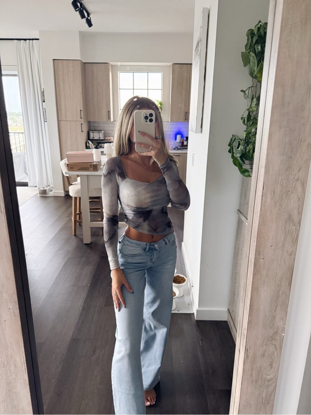 Shein Gray Long-Sleeve Tie-Dye Mesh Top (Size XS)